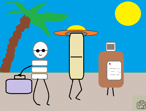 Deze cartoon geeft een letterlijke uitbeelding van "medicatie op reis", met figuurtjes als pillen en een medicijnflesje.