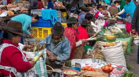 De inheemse vrouwen op de markt, klanten en verkoopsters, dragen kleurige kleren en een typische hoed.