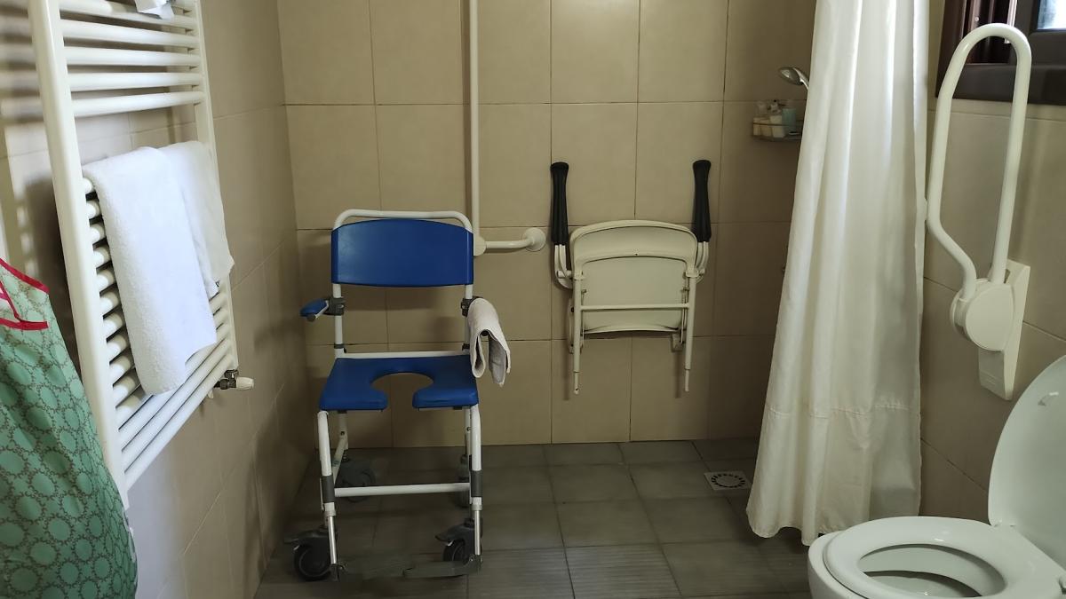 Toegankelijke badkamer met douchezit en douchestoel. We zien ook één van de handgrepen aan het toilet.
